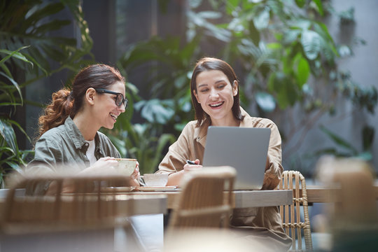 Portrait of two young women laughing happily while using laptop on outdoor cafe terrace decorated with plants, copy space