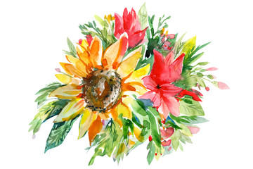 abstract bouquet of flowers, autumn bouquet with a sunflower, watercolor illustration