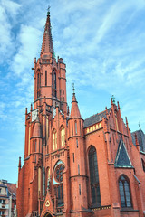 Fototapeta na wymiar neo-Gothic church with belfry in Legnica in Poland.