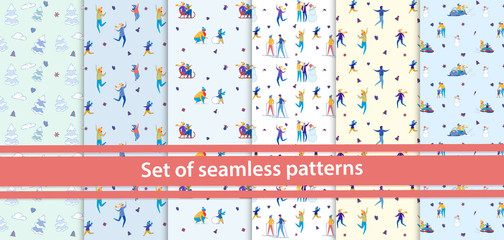 Christmas Seamless Patterns Set with Characters.