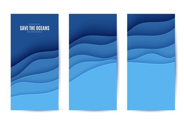 Three abstract vertical flyer collection in cut paper style. Set of cutout blue sea wave template for for save the Earth posters World Water Day eco brochures. Vector water applique card illustration