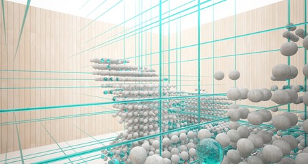 Abstract architectural wood and glass interior from an array of spheres with large windows. 3D illustration and rendering.