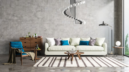 Modern interior design of a living room in an apartment, house, office, comfortable sofa, bright modern interior details and light from a window on a concrete wall background.