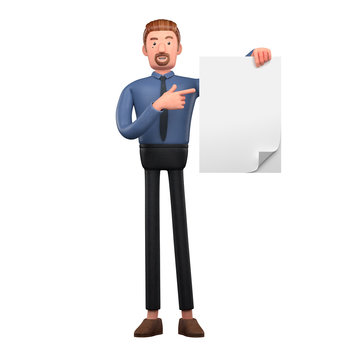 3d render image of handsome cartoon business man holds a blank document