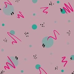 Cute hand drawn pattern. Blue, pink, black spots and circles isolated on pink background. Unique abstract texture for invitations, cards, websites, wrapping paper, textile