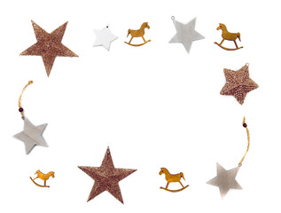 Golden christmas toy star and old wooden horses isolated on white background. Christmas, new year, winter concept. Flat lay, top view, copy space.