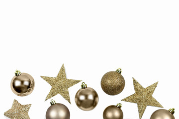 Fototapeta na wymiar Golden christmas toy star and ball isolated on white background. Christmas, new year, winter concept. Flat lay, top view, copy space.
