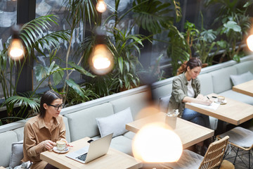 High angle portrait of two young women working at separate tables in cafe at outdoor terrace decorated with plants, copy space
