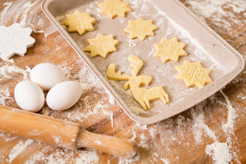 Tray with raw Christmas cookies