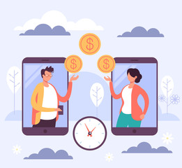 Mobile payment from phone to phone. Vector flat cartoon graphic design illustration