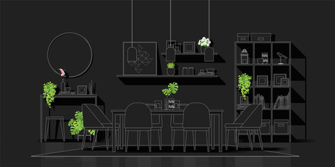Interior design with modern dining room in white line sketch on black background , vector , illustration