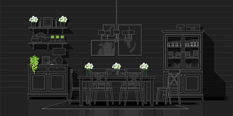 Interior design with modern dining room in white line sketch on black background , vector , illustration