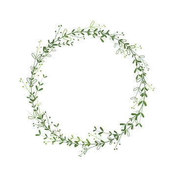 Wreath template with green leaves, branches, berries. Vector border design for greetings, logos, banners, invitations. Floral frame as a delicate decoration element.