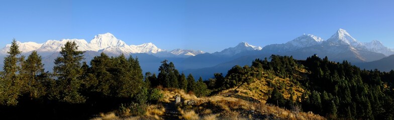 Panoramablick auf das Annapurna-Massiv und das Dhaulagiri-Massiv auf dem Ghorepani Poon Hill, Himalaya, Nepal