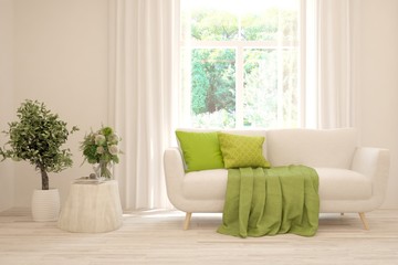 Stylish room in white color with sofa. Scandinavian interior design. 3D illustration