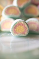 Colorful marshmallows candy as background. Close up view of fluffy candies. 