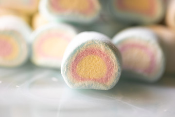 Colorful marshmallows candy as background. Close up view of fluffy candies. 