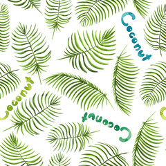 Seamless coconut pattern on white background. Tropical pattern. Palm leaves background. Summer pattern. Perfect for textile, fabric, invation, poster