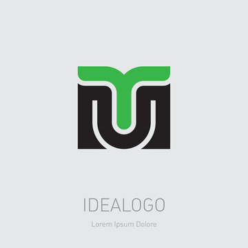 MT - design element or icon. M and T - initials, logo. TM - monogram template or logotype. Vector illustration. Letter T looks like green sprout.