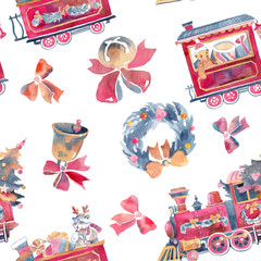 Seamless background with cute christmas train.Christmas train transports gifts