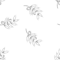 Seamless pattern of olive branches and olives on a white background. Vector illustration.