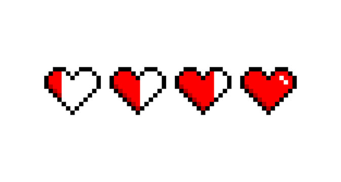 8-bit Pixel Graphics Icon Set. Hearts With Different Standards Of Living. Game Assets. Isolated Vector Illustration.