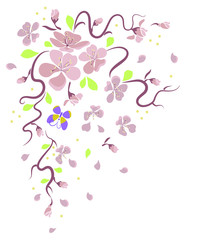 Japanese sakura branch with flowers with flying petals and a butterfly. Digital illustration