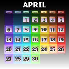 Colorful calendar for April 2020 in english. Set of buttons with calendar dates for the month of April. For planning important days. Banners for holidays and special days. Illustration.