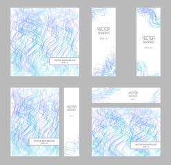 Brochure A4, square templates, 4 banners. Purple, teal tangled squiggly lines. Elegant layouts for cover, poster, flyer, leaflet. Vector colored background. Line art pattern, abstract design. EPS10