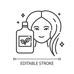 Natural shampoo bottle linear icon. Paraben free haircare product. Hygiene. Hypoallergenic. Organic cosmetics. Thin line illustration. Contour symbol. Vector isolated outline drawing. Editable stroke
