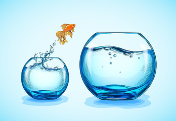 Goldfish jumping from the small fishbowl to bigger