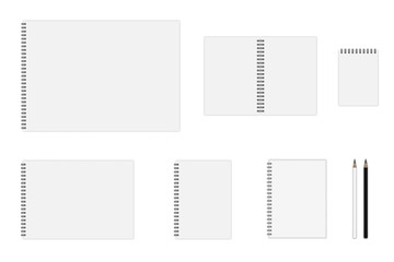 Fototapeta na wymiar Vector set of notebook mockup (formats: A3, A4, A5, A6), hardcover notebook, pencils. EPS 10
