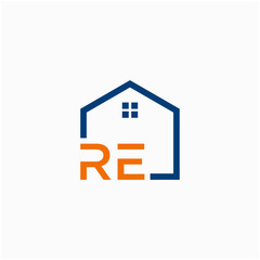 letter RE with Line House Real Estate Logo. home initial R E concept. Construction logo template, Home and Real Estate icon. Housing Complex Simple Vector Logo Template. - vector