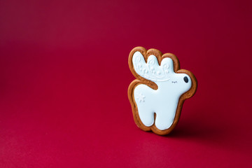 gingerbread cookie of little cute deer on red background. Traditional Christmas food. Christmas and New Year holiday concept.