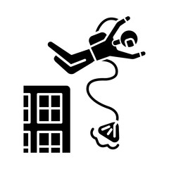 Base jumping glyph icon. Parachuting. Skydiver, parachutist jumping from skyscraper, high rise building. Extreme sport freefall stunt. Silhouette symbol. Negative space. Vector isolated illustration