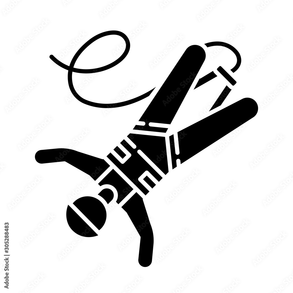 Poster Bungee jumping glyph icon. Extreme sport. Bungy jumper falling down. Adrenaline recreation. Risky leap with rope. Silhouette symbol. Negative space. Vector isolated illustration