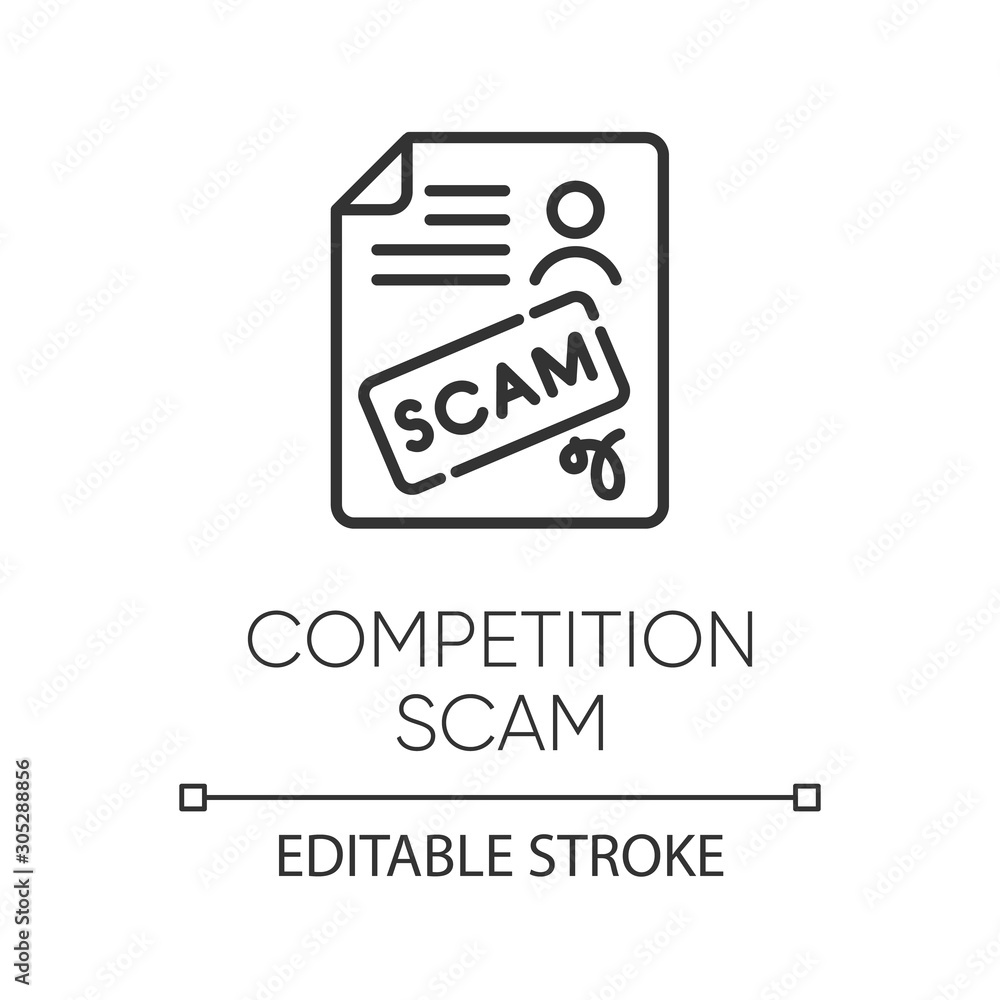 Poster Competition scam linear icon. Money deposit fraud. Fake prize scamming. Upfront payment. Financial scamming. Thin line illustration. Contour symbol. Vector isolated outline drawing. Editable stroke