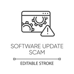Software update scam linear icon. Fake system, program upgrade. Malware. Deceptive pop-up ad. Financial fraud. Thin line illustration. Contour symbol. Vector isolated outline drawing. Editable stroke