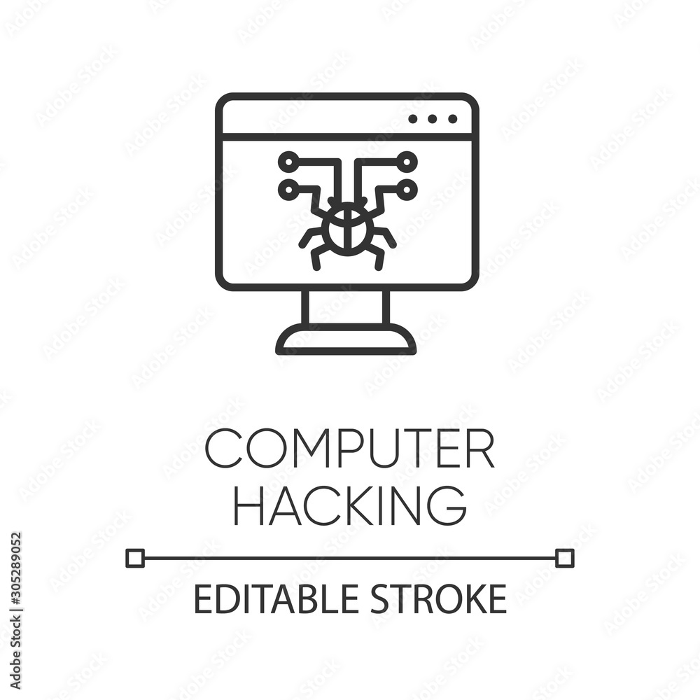 Poster computer hacking linear icon. illegal access gain. security breach. malware, ransomware. phishing, c