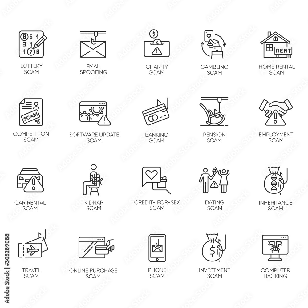Poster scam types linear icons set. malware. investment, rental schemes. phishing tricks. cybercrime. finan