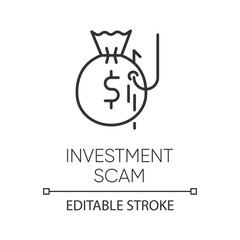 Investment scam linear icon. Ponzi, pyramid scheme. Financial fraud. Illegal money gain. Phishing. Thin line illustration. Contour symbol. Vector isolated outline drawing. Editable stroke