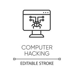 Computer hacking linear icon. Illegal access gain. Security breach. Malware, ransomware. Phishing, cybercrime. Thin line illustration. Contour symbol. Vector isolated outline drawing. Editable stroke