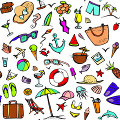 Summer doodle  color pattern. Summer beach holidays, travel, shoes, ice cream, shells, ball, drink, towel, sunglasses, parasol. Hand drawn doodle. Seamless vector sketch background