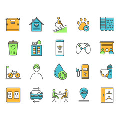 Apartment amenities color icons set. Residential services. Comfortable house signs. Luxuries for dwelling inhabitants. Property conveniences for millennial renters. Isolated vector illustrations