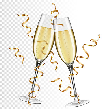 Two glasses of champagne with ribbon, isolated on transparent background.