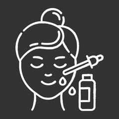 Using serum chalk icon. Skin care procedure. Facial beauty treatment. Lifting and exfoliating effect. Oil product for skin. Dermatology, cosmetics, makeup. Isolated vector chalkboard illustration