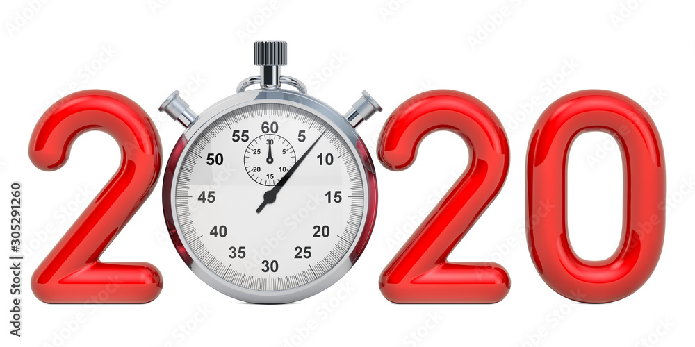 Poster 2020 concept with stopwatch, 3d rendering