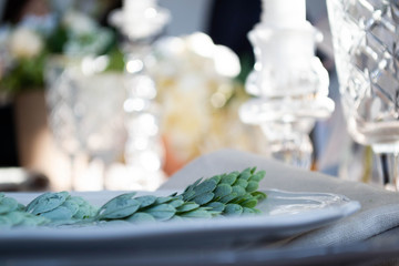 decor in the interior plant on a plate in a blur