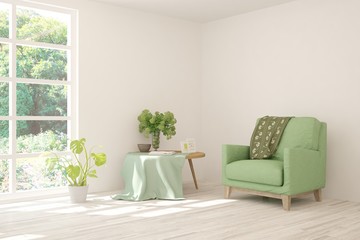 Mock up of stylish room in white color with armchair and green landscape in window. Scandinavian interior design. 3D illustration