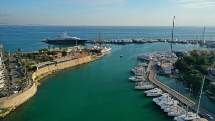 Fototapeta na wymiar Aerial drone photo of iconic round port of Marina Zeas or Pasalimani with boats, yachts and sail boats docked, port of Pireas , Attica, Greece
